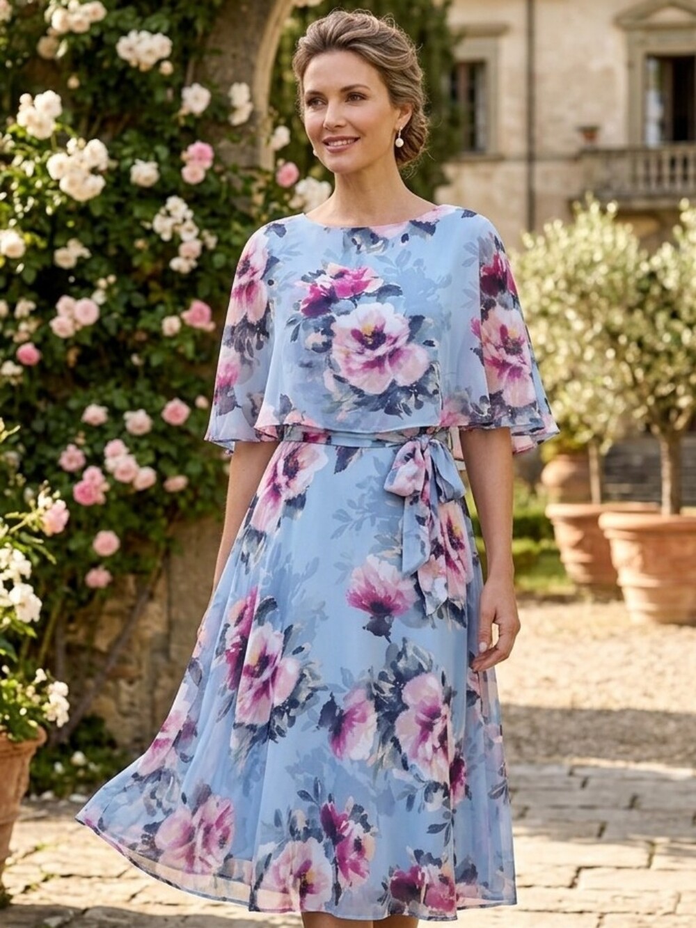 Jessica Howard Light Blue Floral Midi Dress with Pink Accents
